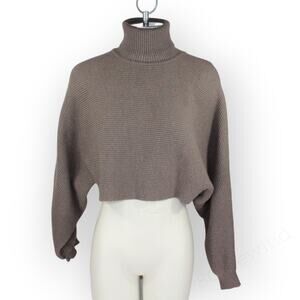 Medium DAZY Turtleneck BatWing Sweater Crop Boxy Taupe Ribbed Knit